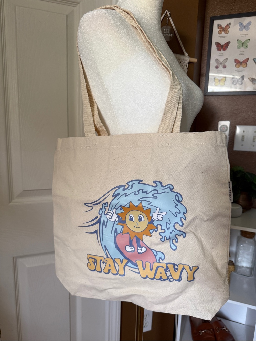 NWOT Stay Wavy Organic Cotton Tote Bag Summer Beach Design